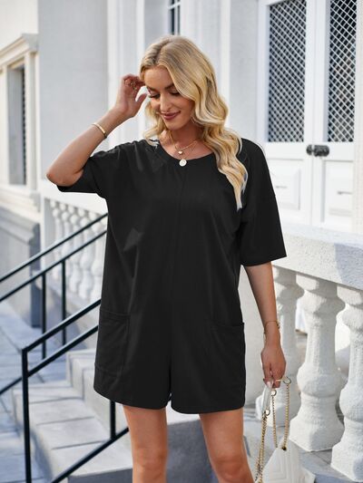 Backless Pocketed Round Neck Half Sleeve Romper - Loulou Boutique