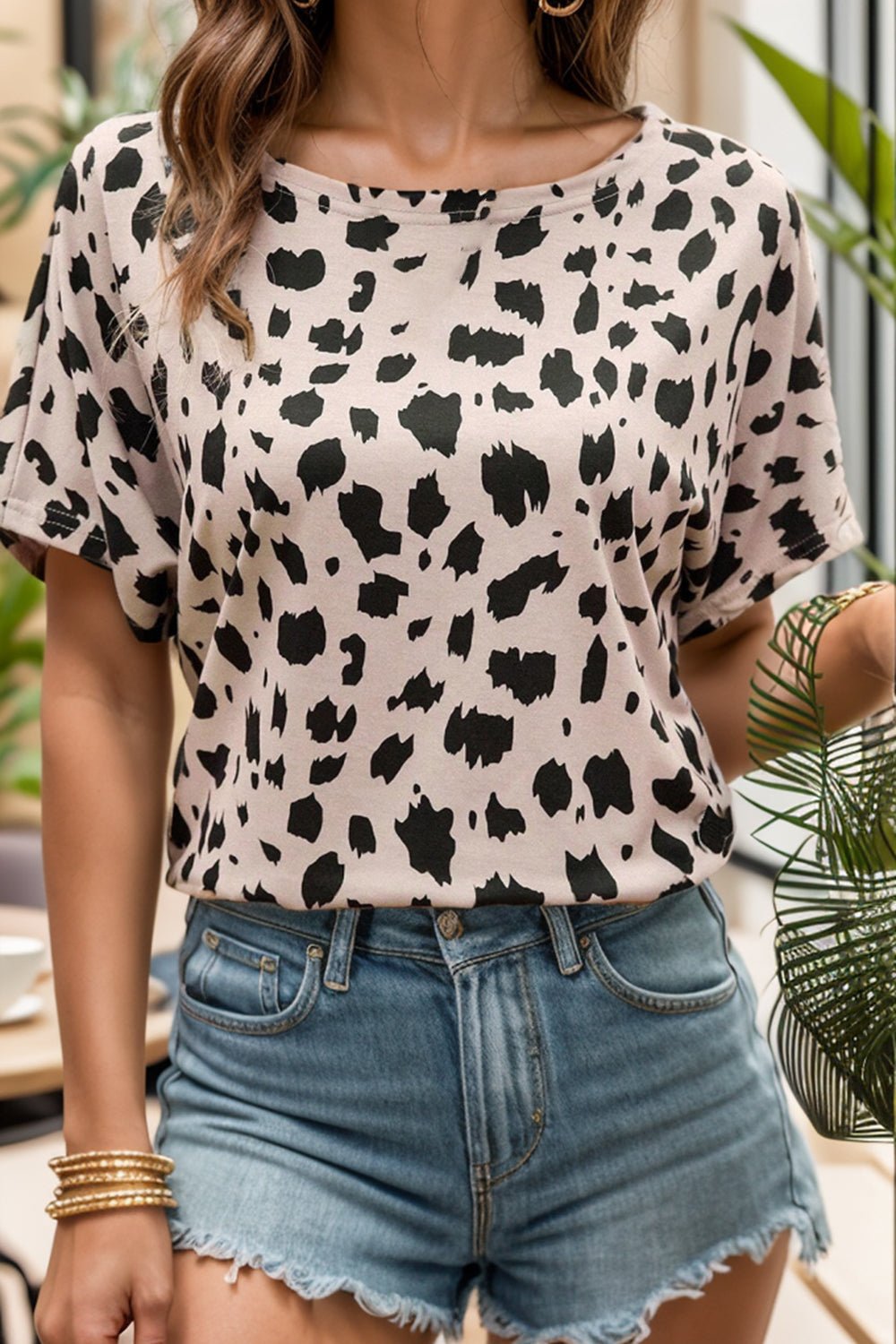 Backless Printed Boat Neck Short Sleeve Blouse - Loulou Boutique