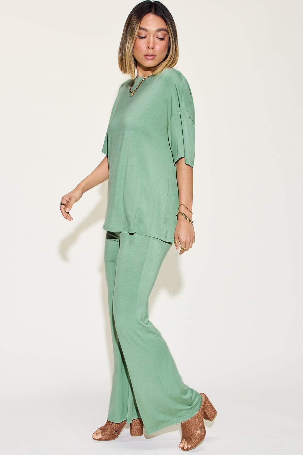 Basic Bae Full Size Bamboo Drop Shoulder T-Shirt and Flare Pants Set - Loulou Boutique