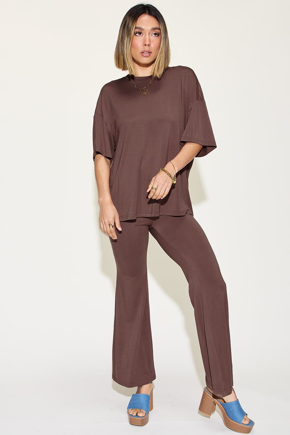 Basic Bae Full Size Bamboo Drop Shoulder T-Shirt and Flare Pants Set - Loulou Boutique