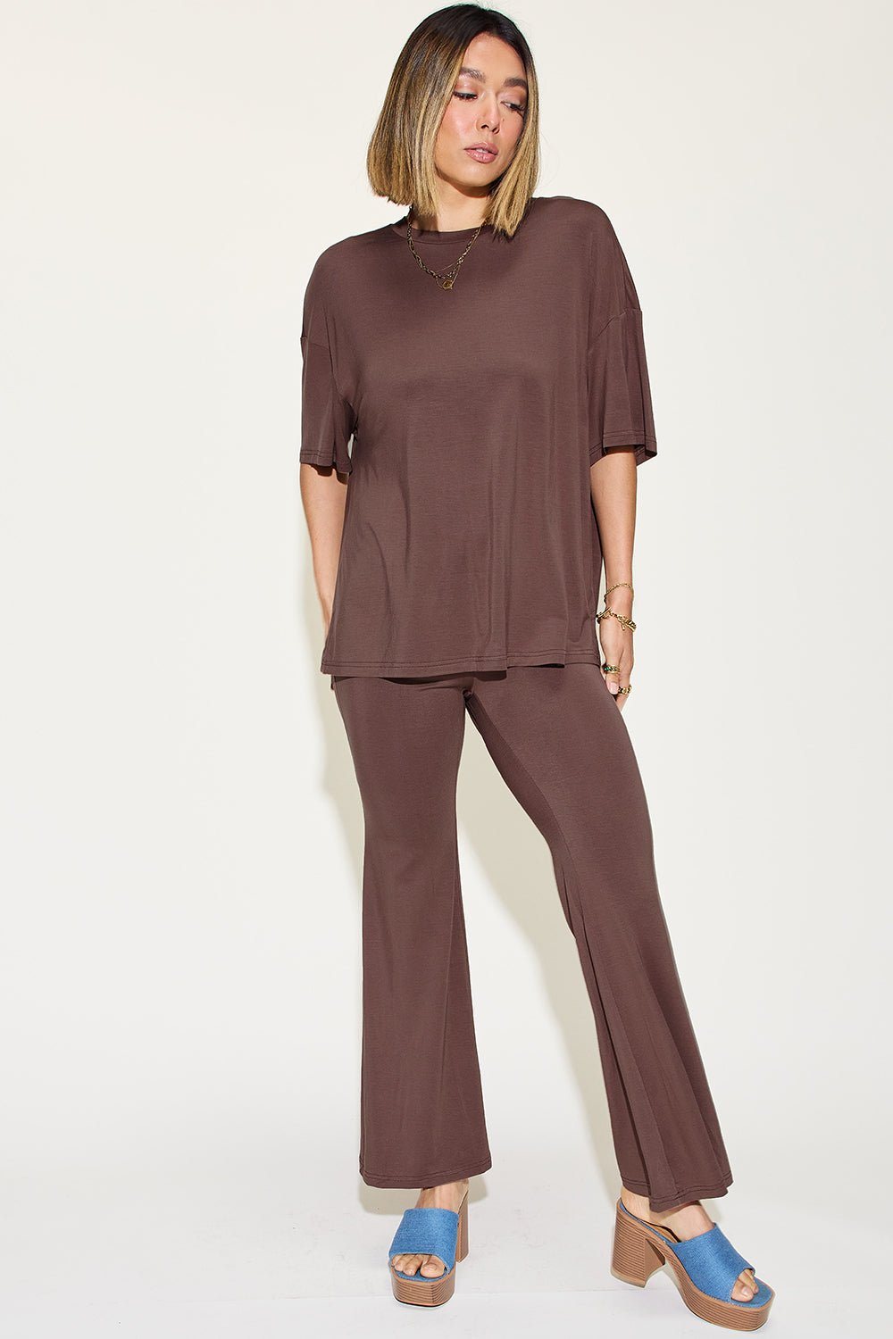 Basic Bae Full Size Bamboo Drop Shoulder T-Shirt and Flare Pants Set - Loulou Boutique