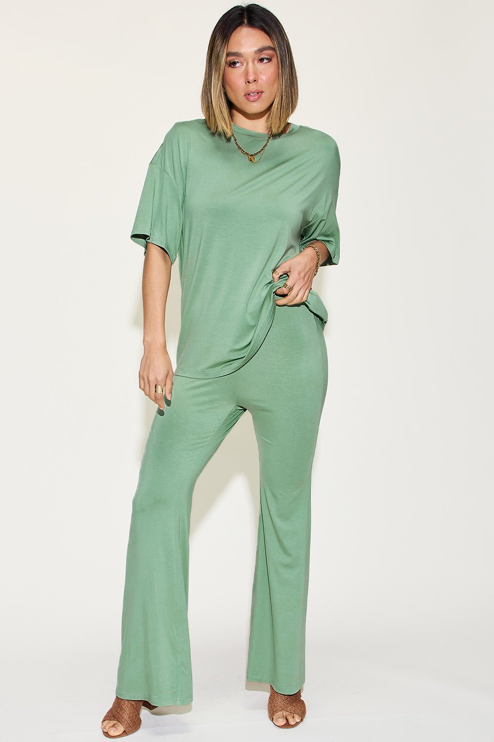 Basic Bae Full Size Bamboo Drop Shoulder T-Shirt and Flare Pants Set - Loulou Boutique