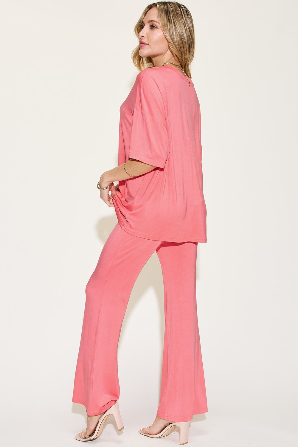 Basic Bae Full Size Bamboo Drop Shoulder T-Shirt and Flare Pants Set - Loulou Boutique