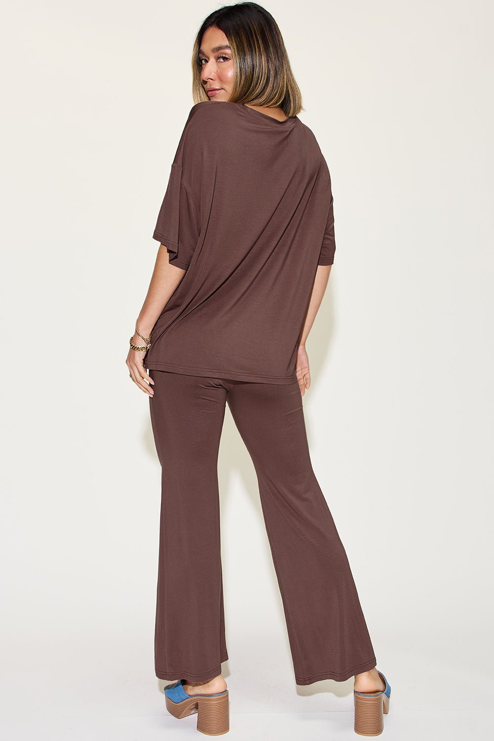 Basic Bae Full Size Bamboo Drop Shoulder T-Shirt and Flare Pants Set - Loulou Boutique