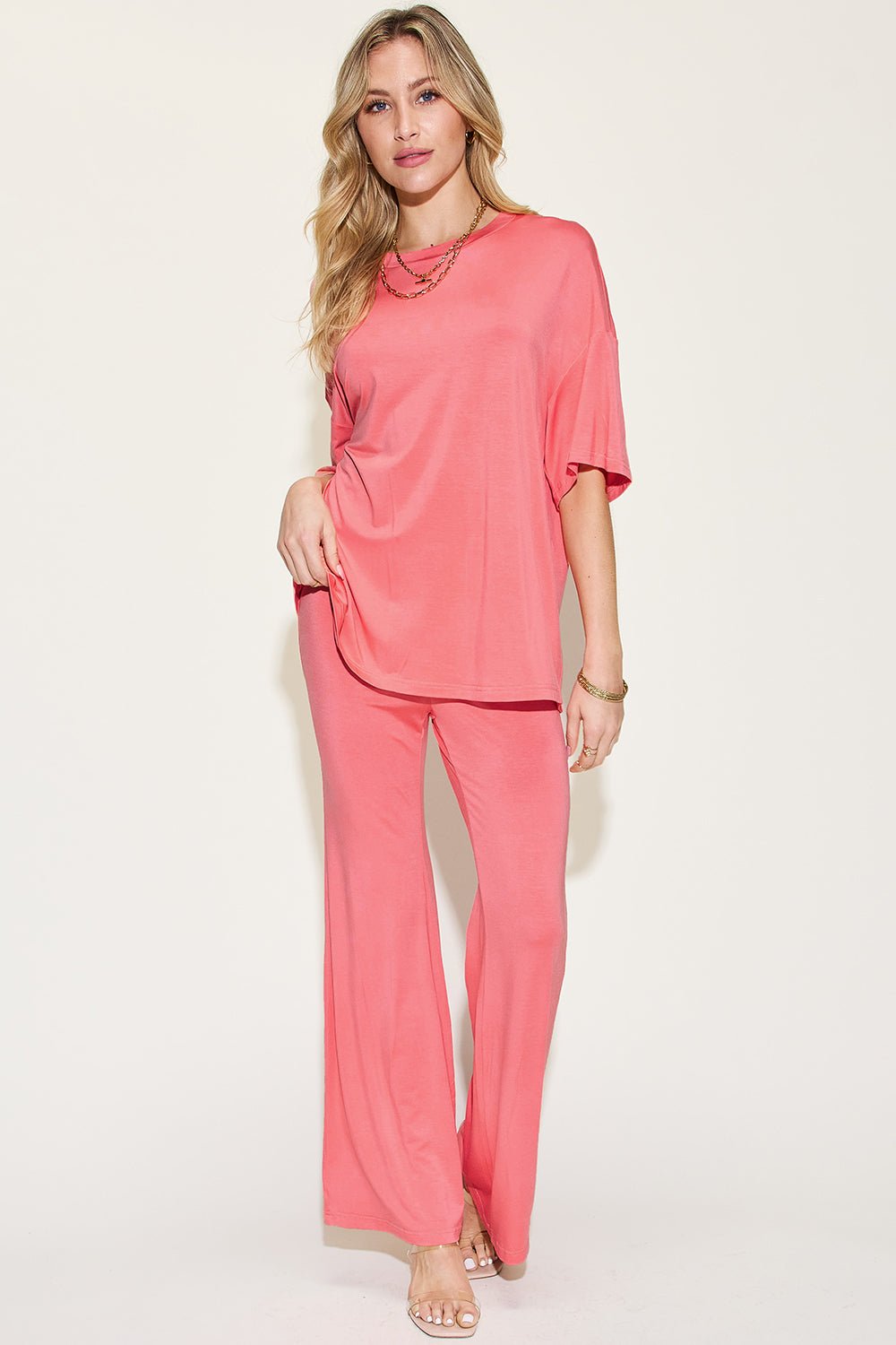 Basic Bae Full Size Bamboo Drop Shoulder T-Shirt and Flare Pants Set - Loulou Boutique