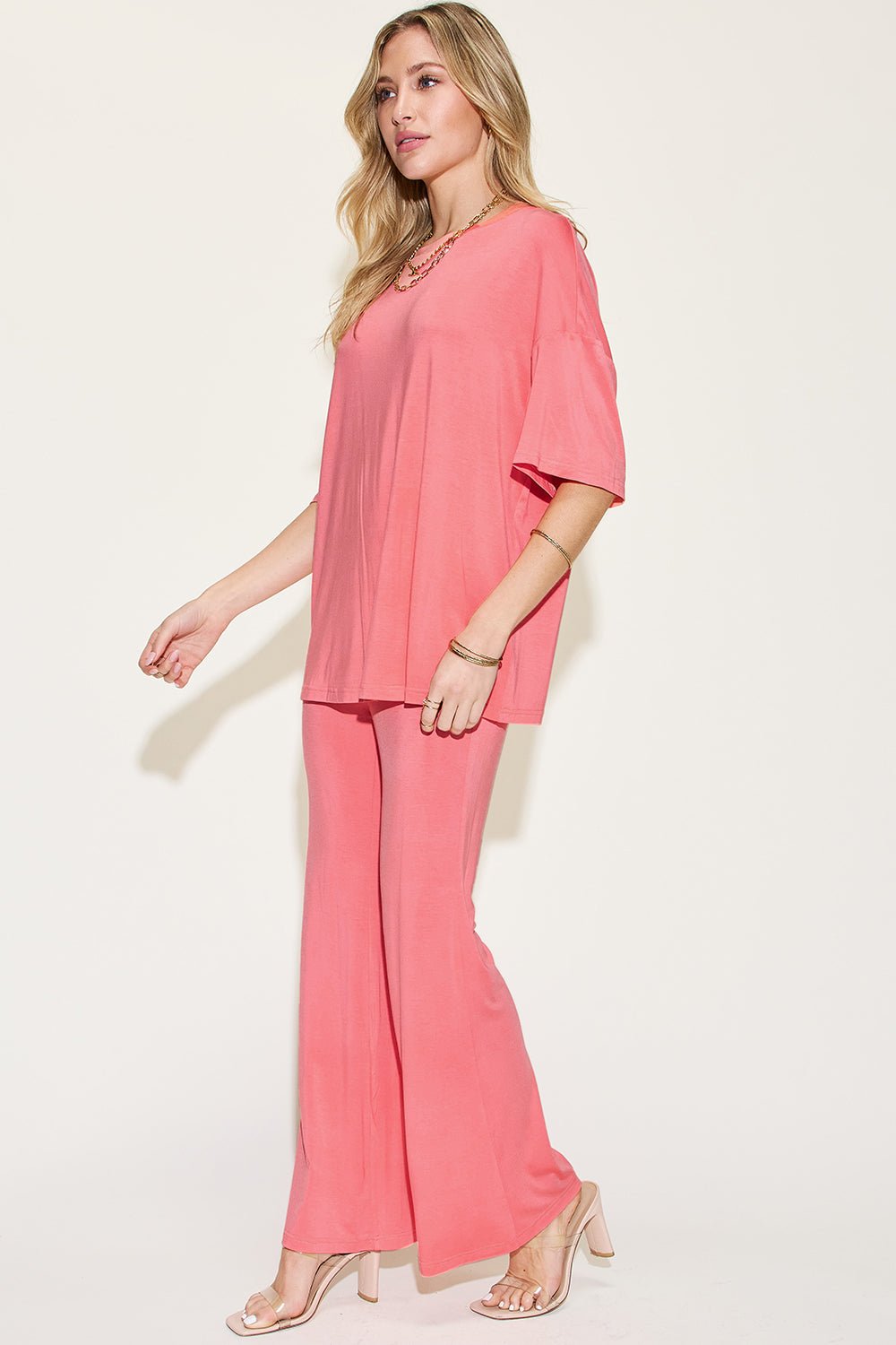 Basic Bae Full Size Bamboo Drop Shoulder T-Shirt and Flare Pants Set - Loulou Boutique