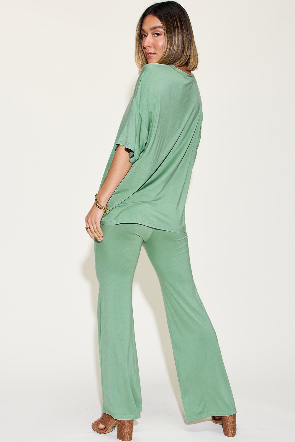 Basic Bae Full Size Bamboo Drop Shoulder T-Shirt and Flare Pants Set - Loulou Boutique