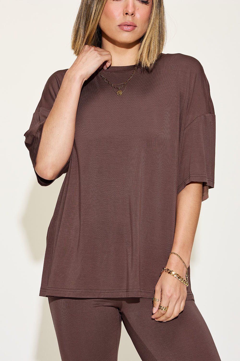 Basic Bae Full Size Bamboo Drop Shoulder T-Shirt and Flare Pants Set - Loulou Boutique