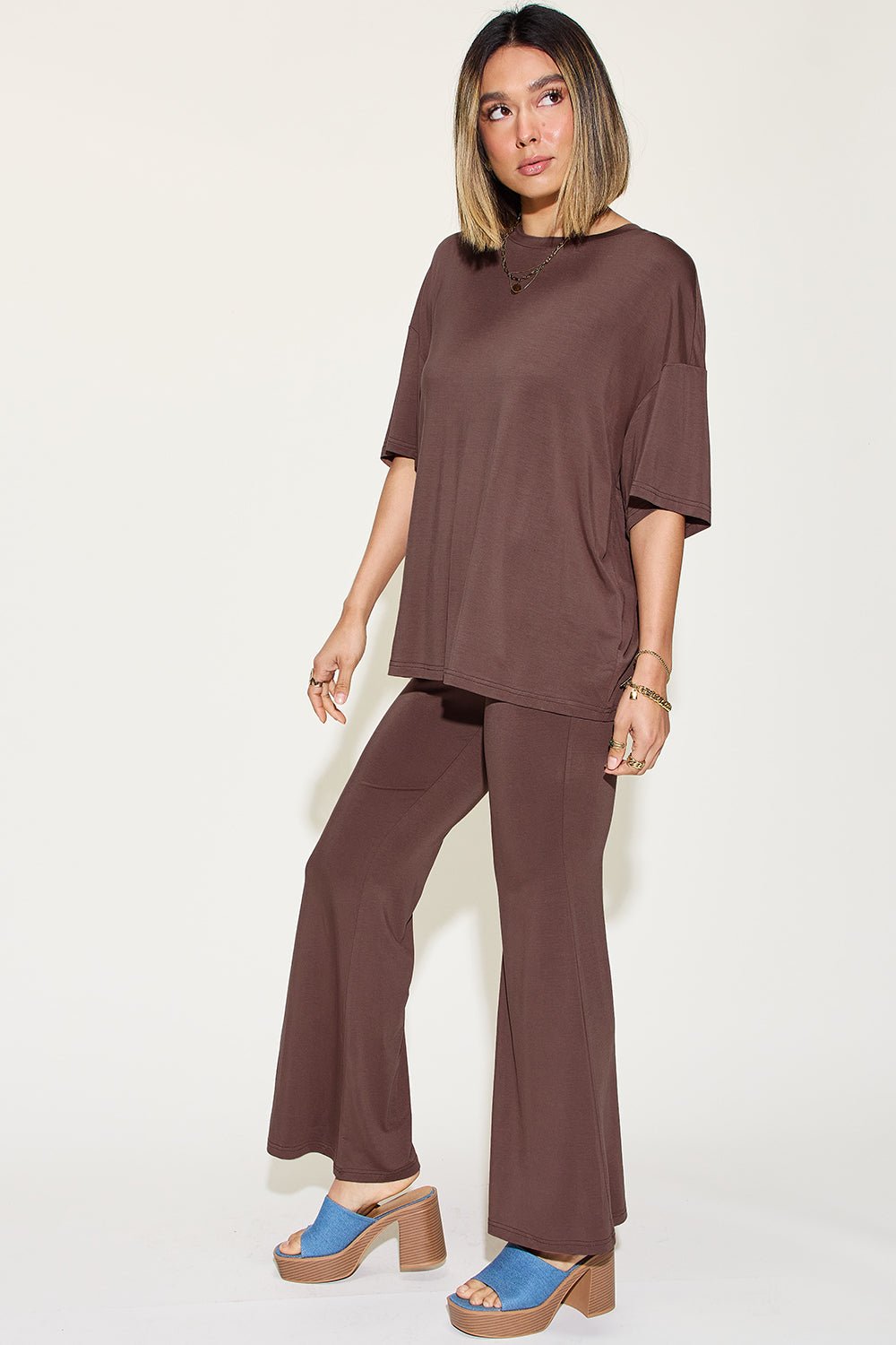 Basic Bae Full Size Bamboo Drop Shoulder T-Shirt and Flare Pants Set - Loulou Boutique