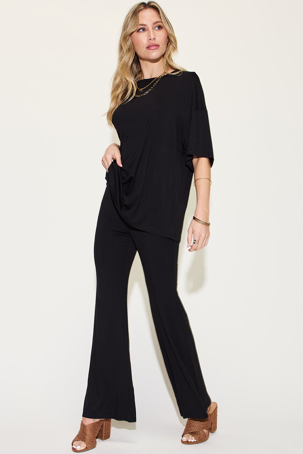 Basic Bae Full Size Bamboo Drop Shoulder T-Shirt and Flare Pants Set - Loulou Boutique