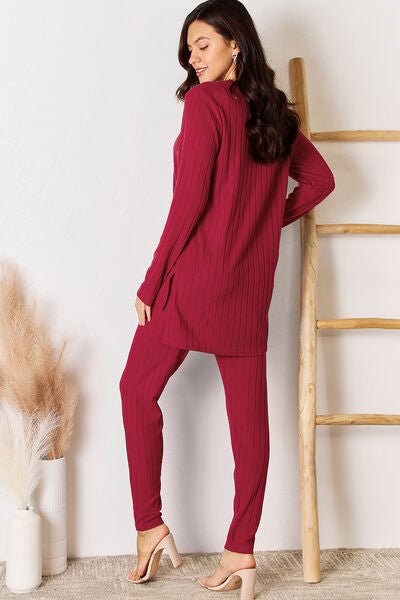 Basic Bae Full Size Notched Long Sleeve Top and Pants Set - Loulou Boutique