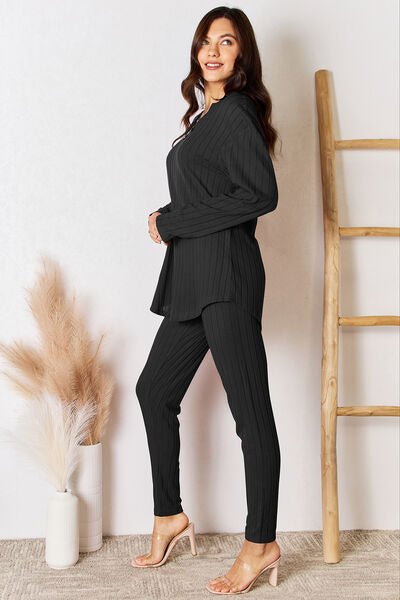 Basic Bae Full Size Notched Long Sleeve Top and Pants Set - Loulou Boutique