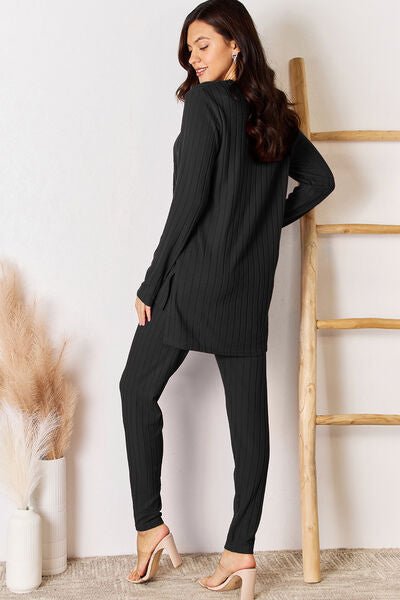 Basic Bae Full Size Notched Long Sleeve Top and Pants Set - Loulou Boutique