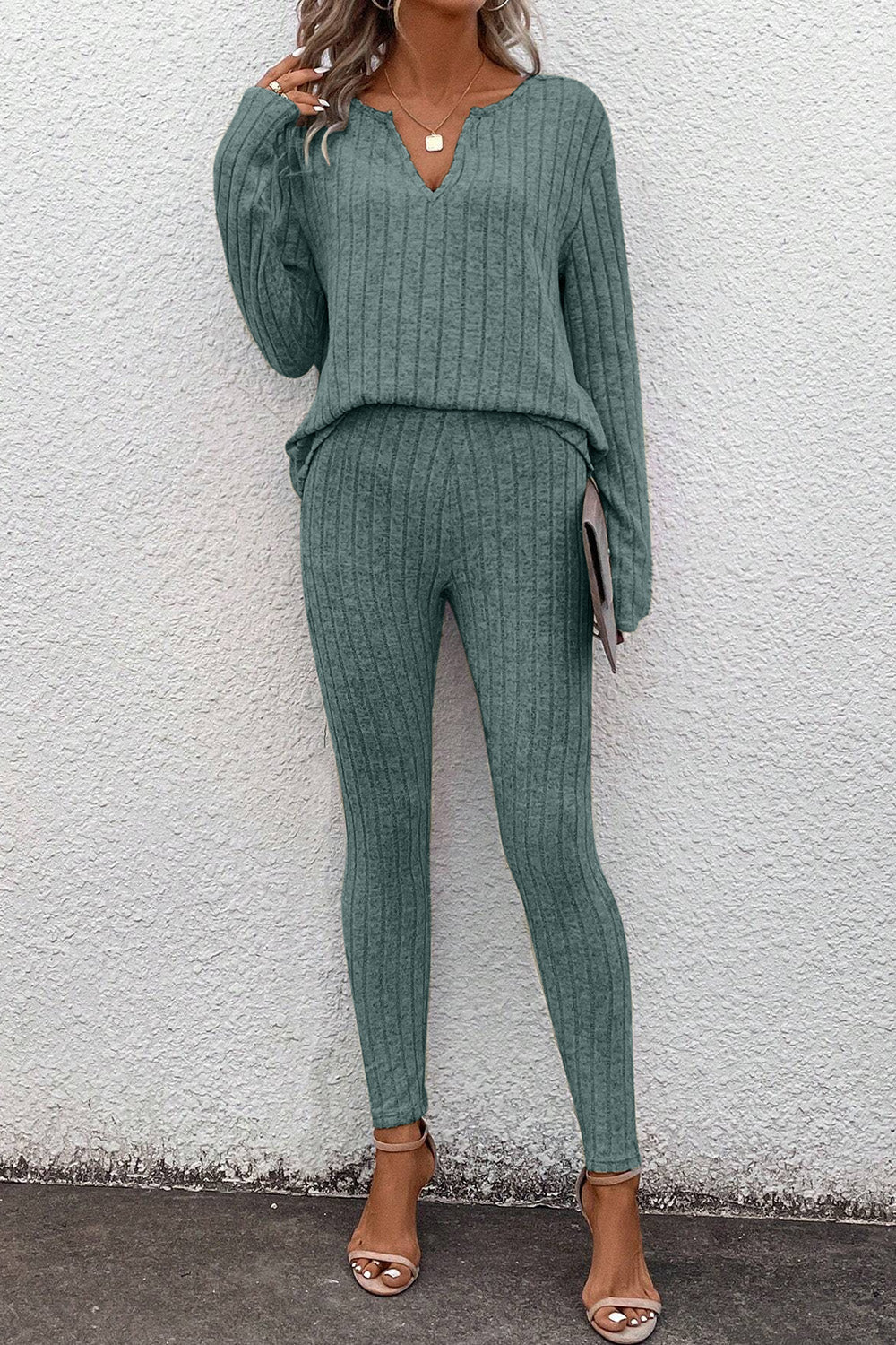 Basic Bae Full Size Notched Long Sleeve Top and Pants Set - Loulou Boutique