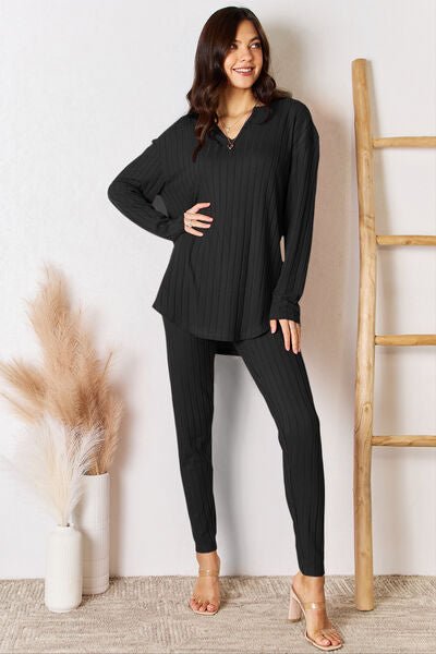 Basic Bae Full Size Notched Long Sleeve Top and Pants Set - Loulou Boutique