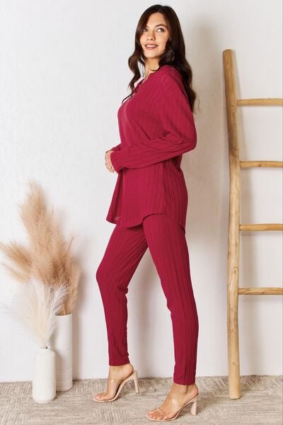 Basic Bae Full Size Notched Long Sleeve Top and Pants Set - Loulou Boutique