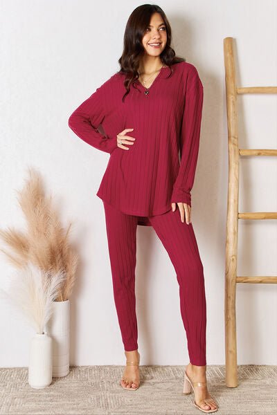 Basic Bae Full Size Notched Long Sleeve Top and Pants Set - Loulou Boutique