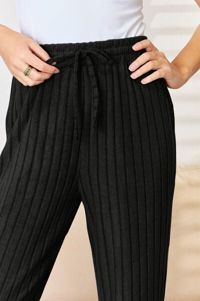 Basic Bae Full Size Ribbed Drawstring Hood Top and Straight Pants Set - Loulou Boutique