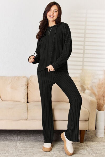 Basic Bae Full Size Ribbed Drawstring Hood Top and Straight Pants Set - Loulou Boutique