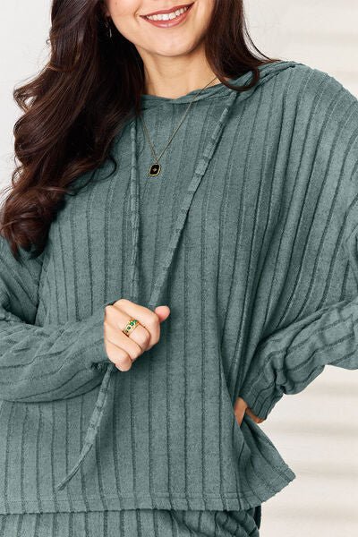 Basic Bae Full Size Ribbed Drawstring Hood Top and Straight Pants Set - Loulou Boutique