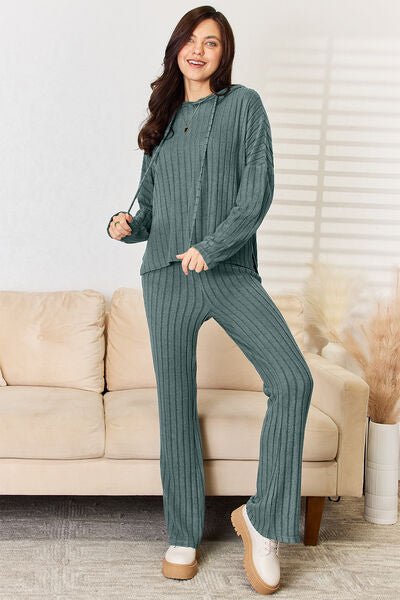Basic Bae Full Size Ribbed Drawstring Hood Top and Straight Pants Set - Loulou Boutique