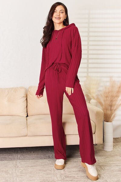 Basic Bae Full Size Ribbed Drawstring Hood Top and Straight Pants Set - Loulou Boutique