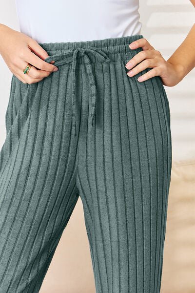 Basic Bae Full Size Ribbed Drawstring Hood Top and Straight Pants Set - Loulou Boutique
