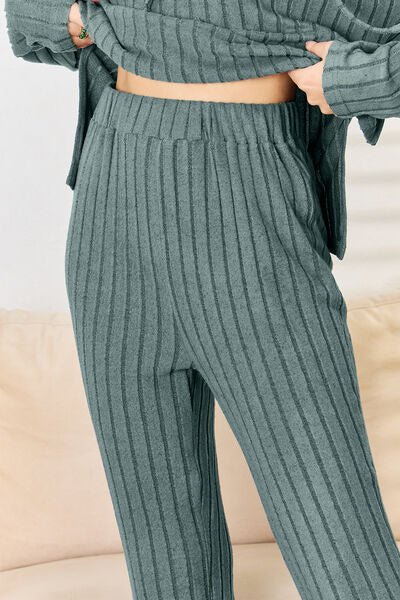 Basic Bae Full Size Ribbed Drawstring Hood Top and Straight Pants Set - Loulou Boutique