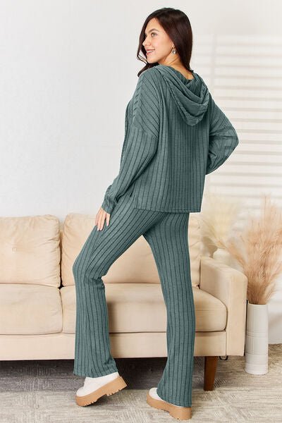 Basic Bae Full Size Ribbed Drawstring Hood Top and Straight Pants Set - Loulou Boutique