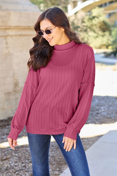 Basic Bae Full Size Ribbed Exposed Seam Mock Neck Knit Top - Loulou Boutique