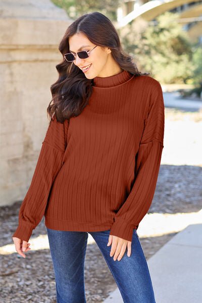 Basic Bae Full Size Ribbed Exposed Seam Mock Neck Knit Top - Loulou Boutique