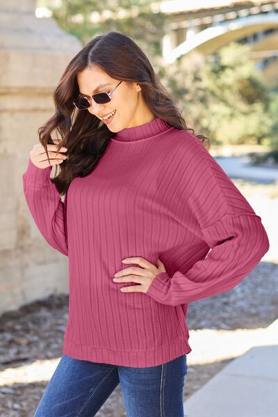 Basic Bae Full Size Ribbed Exposed Seam Mock Neck Knit Top - Loulou Boutique
