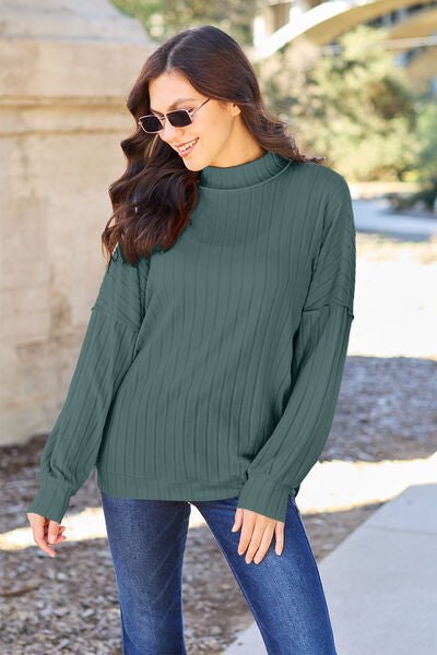 Basic Bae Full Size Ribbed Exposed Seam Mock Neck Knit Top - Loulou Boutique