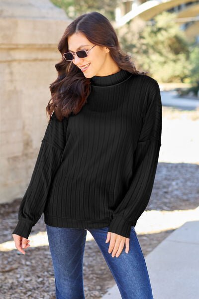 Basic Bae Full Size Ribbed Exposed Seam Mock Neck Knit Top - Loulou Boutique