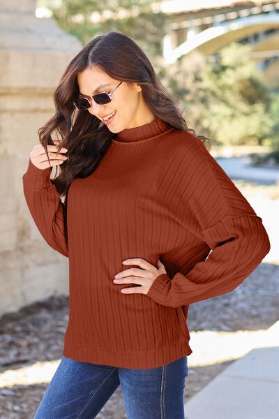 Basic Bae Full Size Ribbed Exposed Seam Mock Neck Knit Top - Loulou Boutique