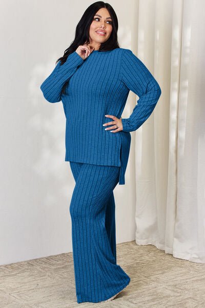 Basic Bae Full Size Ribbed High-Low Top and Wide Leg Pants Set - Loulou Boutique