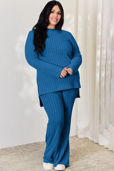 Basic Bae Full Size Ribbed High-Low Top and Wide Leg Pants Set - Loulou Boutique