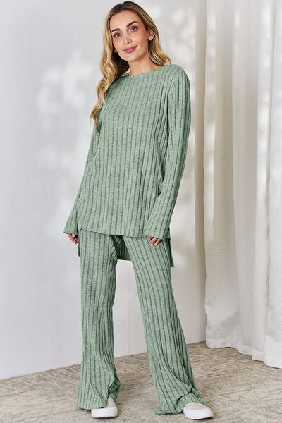 Basic Bae Full Size Ribbed High-Low Top and Wide Leg Pants Set - Loulou Boutique