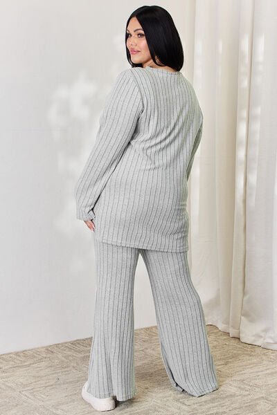 Basic Bae Full Size Ribbed High-Low Top and Wide Leg Pants Set - Loulou Boutique