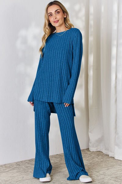 Basic Bae Full Size Ribbed High-Low Top and Wide Leg Pants Set - Loulou Boutique