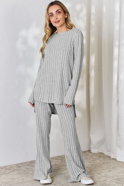 Basic Bae Full Size Ribbed High-Low Top and Wide Leg Pants Set - Loulou Boutique