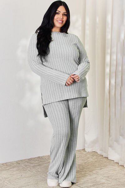 Basic Bae Full Size Ribbed High-Low Top and Wide Leg Pants Set - Loulou Boutique