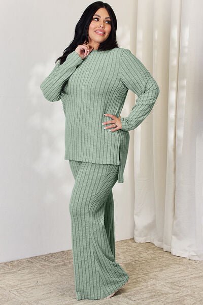 Basic Bae Full Size Ribbed High-Low Top and Wide Leg Pants Set - Loulou Boutique