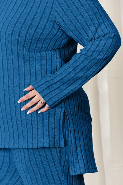 Basic Bae Full Size Ribbed High-Low Top and Wide Leg Pants Set - Loulou Boutique