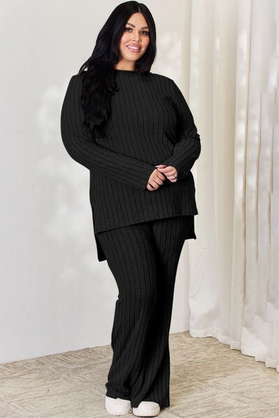 Basic Bae Full Size Ribbed High-Low Top and Wide Leg Pants Set - Loulou Boutique