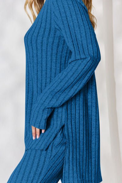 Basic Bae Full Size Ribbed High-Low Top and Wide Leg Pants Set - Loulou Boutique