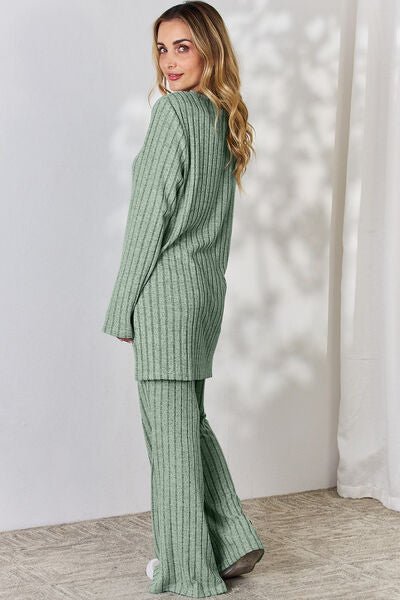 Basic Bae Full Size Ribbed High-Low Top and Wide Leg Pants Set - Loulou Boutique