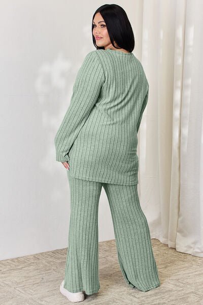 Basic Bae Full Size Ribbed High-Low Top and Wide Leg Pants Set - Loulou Boutique