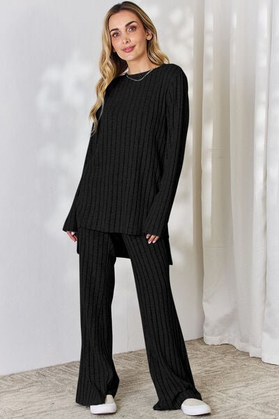 Basic Bae Full Size Ribbed High-Low Top and Wide Leg Pants Set - Loulou Boutique
