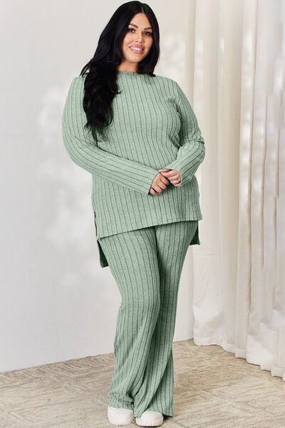 Basic Bae Full Size Ribbed High-Low Top and Wide Leg Pants Set - Loulou Boutique